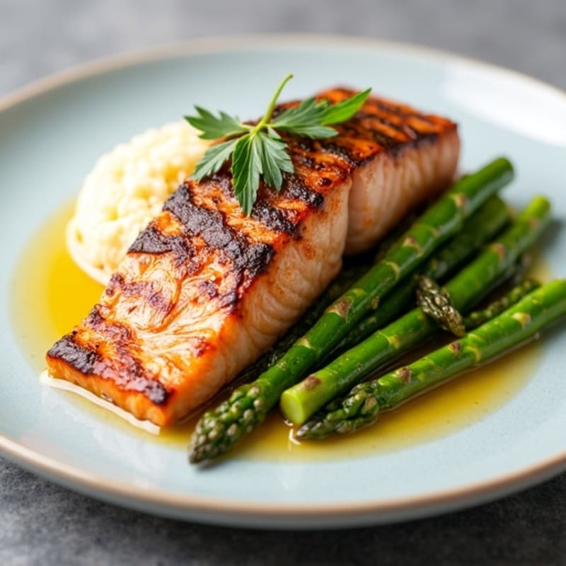 Seared Salmon with Steamed Asparagus and Cauliflower Mash