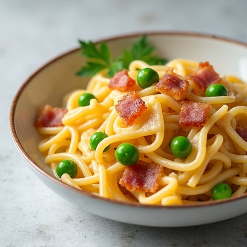 Creamy Egg Pasta with Crispy Turkey Bacon and Fresh Peas