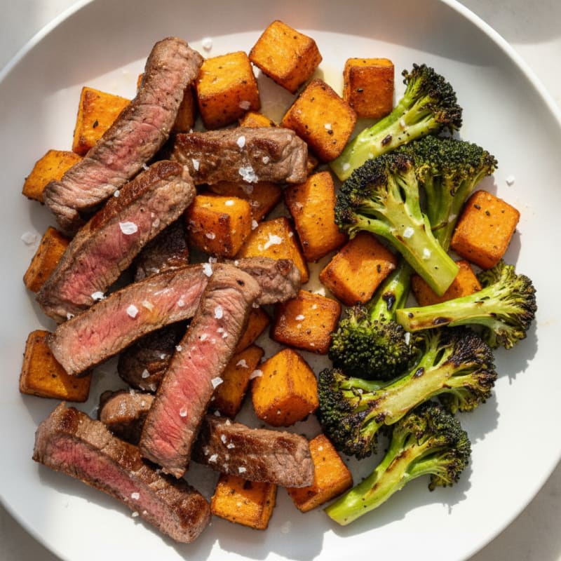Seared Steak Strips with Roasted Sweet Potato and Broccoli