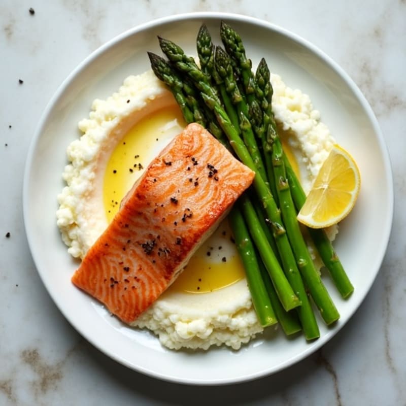 Seared Salmon with Steamed Asparagus and Cauliflower Mash