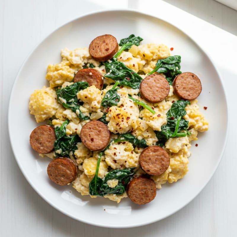 Egg White Scramble with Turkey Sausage and Sautéed Spinach