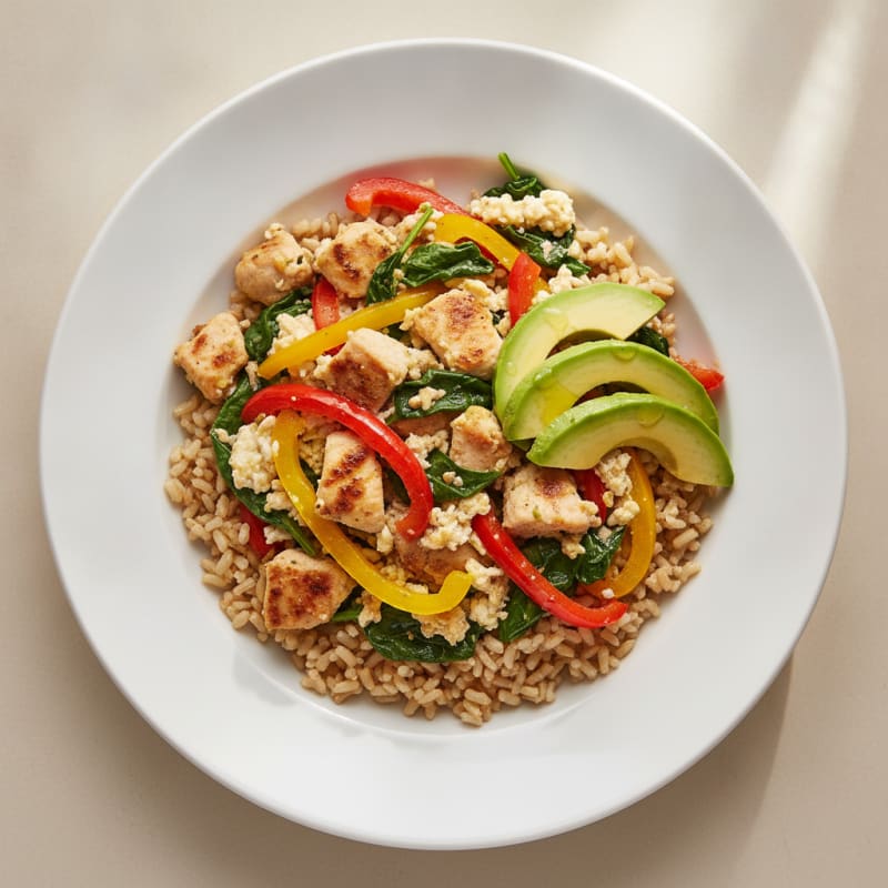 Egg White and Chicken Veggie Scramble with Brown Rice