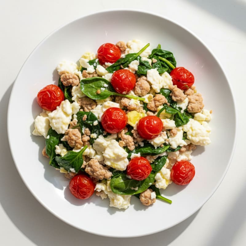 Egg White Spinach Scramble with Lean Turkey and Cherry Tomatoes