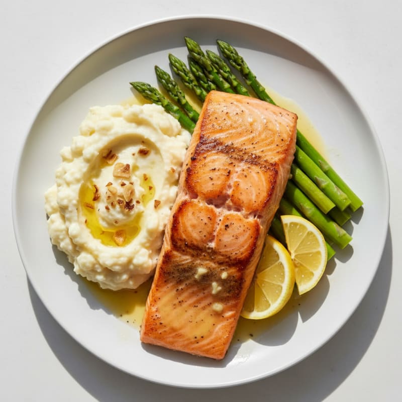 Seared Salmon Fillet with Steamed Asparagus and Garlic Mashed Cauliflower