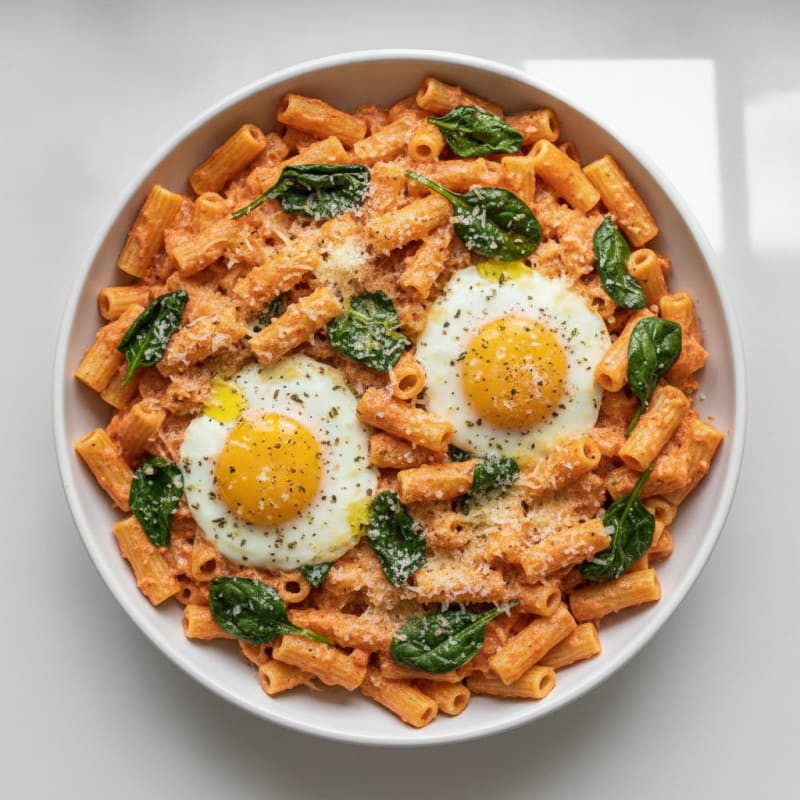 Baked Eggs with Creamy Tomato Pasta