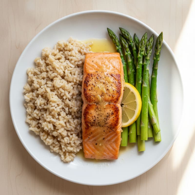 Seared Salmon Fillet with Steamed Asparagus and Brown Rice