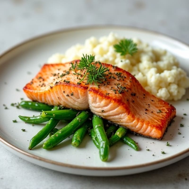 Seared Salmon with Garlic Green Beans and Cauliflower Mash