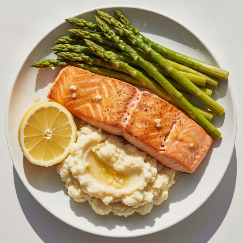 Seared Salmon with Steamed Asparagus and Garlic Mashed Cauliflower