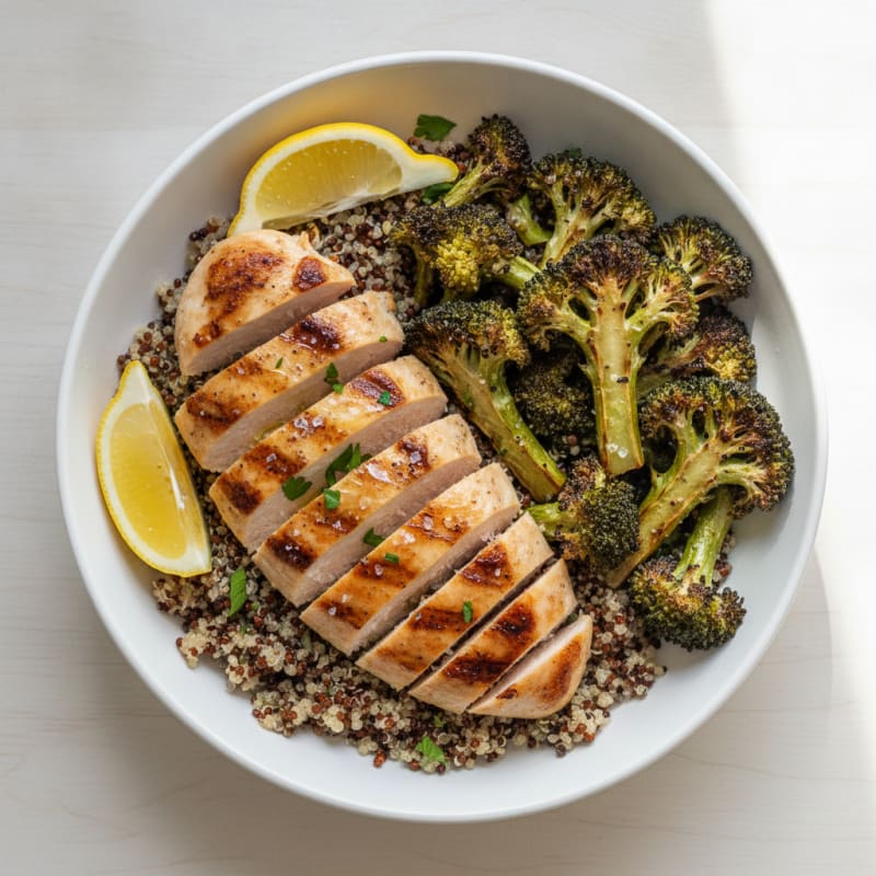 Grilled Chicken and Quinoa Salad with Roasted Broccoli