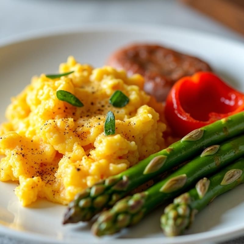 Savory Scrambled Eggs with Roasted Asparagus and Bell Peppers