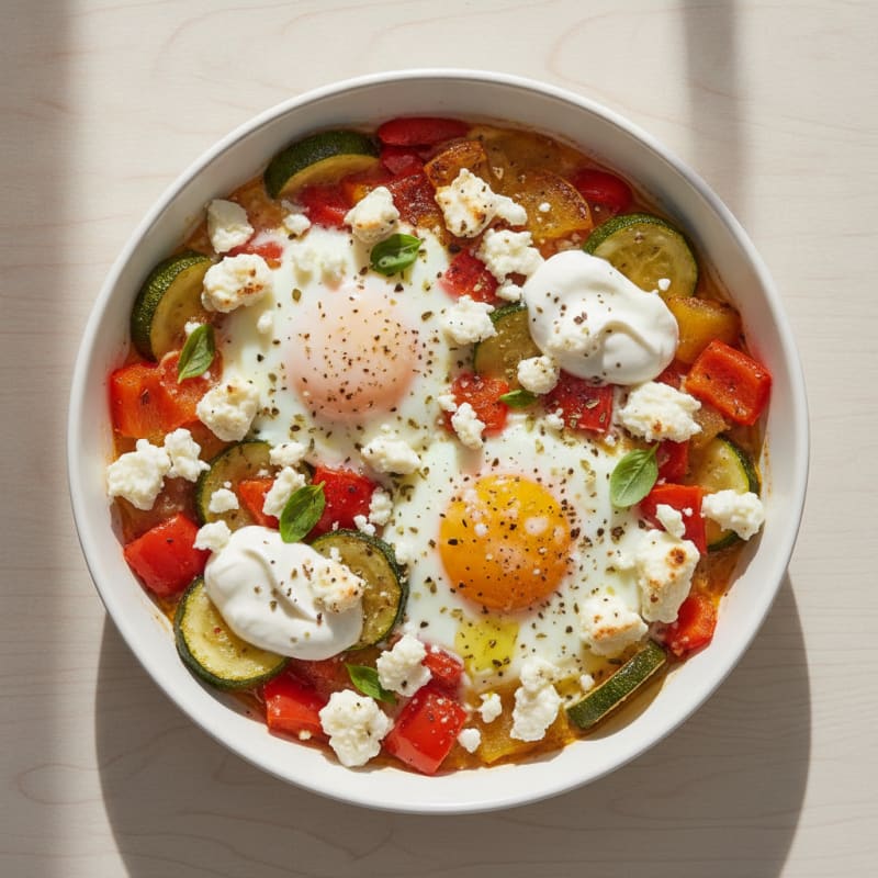 Baked Eggs with Roasted Vegetables and Feta