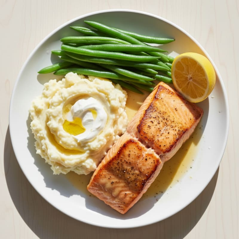 Seared Salmon with Steamed Green Beans and Garlic Mashed Potatoes