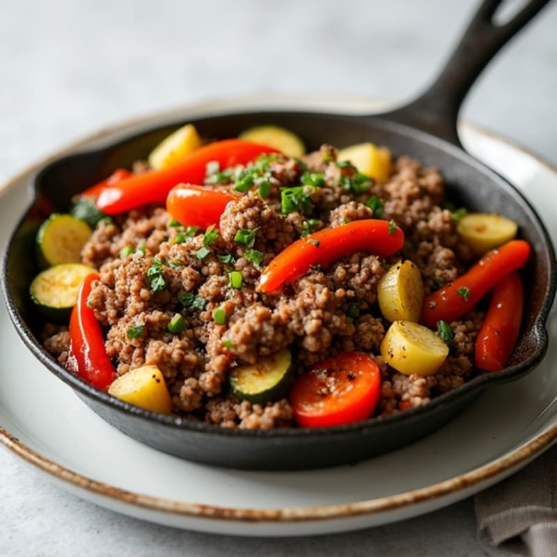 Lean Ground Beef and Roasted Vegetable Skillet