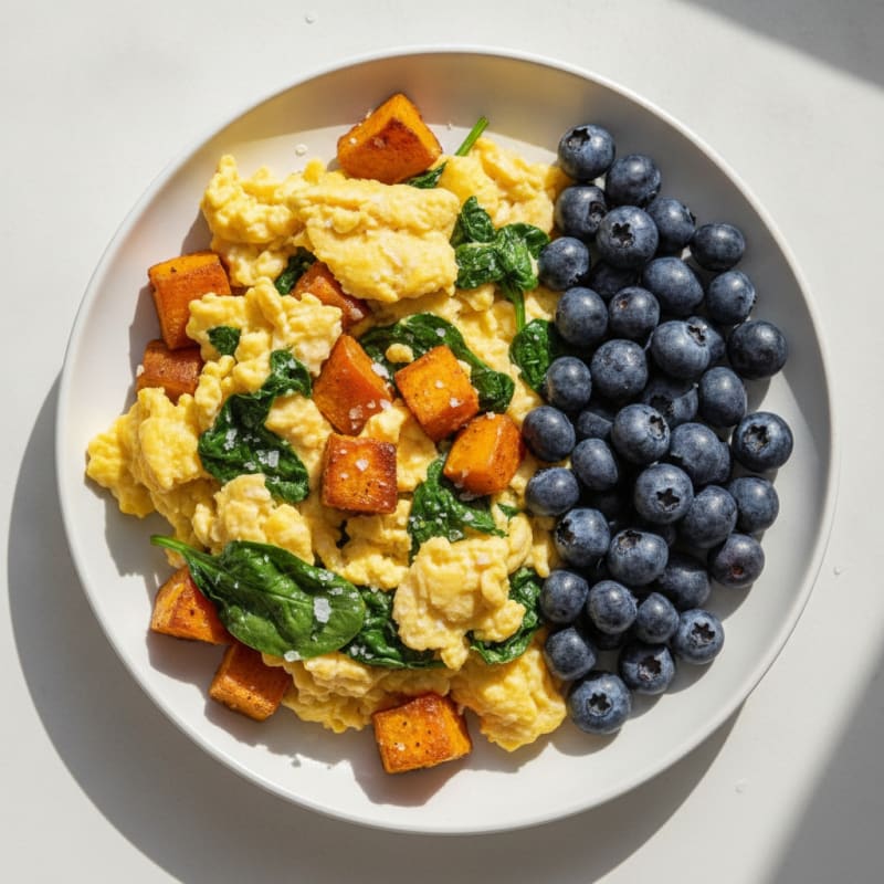 Scrambled Eggs with Roasted Sweet Potato and Spinach