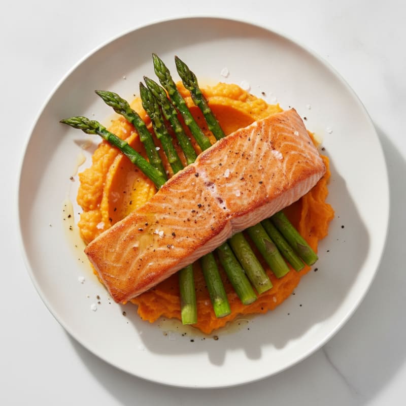 Seared Salmon Fillet with Roasted Asparagus and Sweet Potato Mash