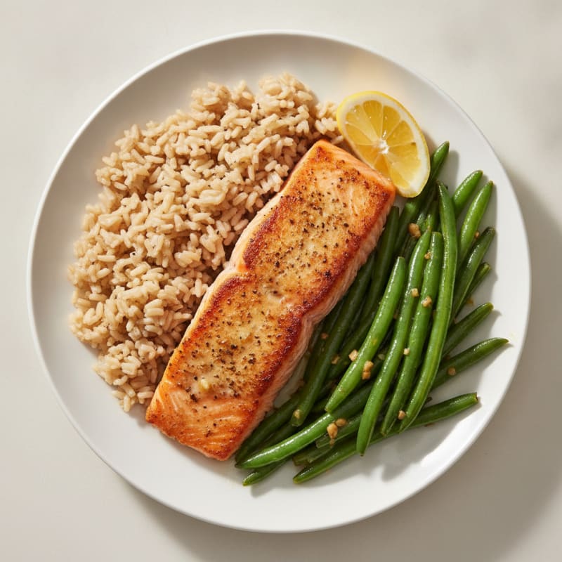 Pan-Seared Salmon with Garlic Green Beans and Brown Rice