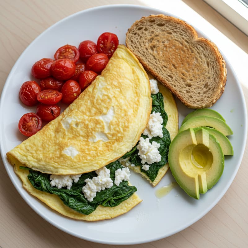 Egg White Spinach Omelette with Cottage Cheese and Cherry Tomatoes
