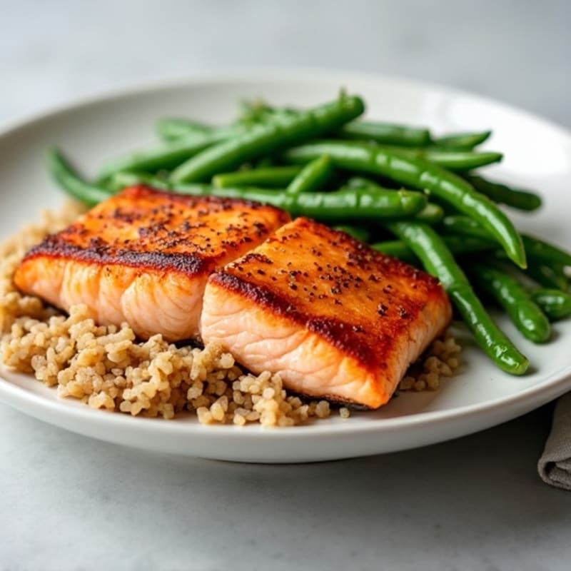 Seared Salmon Fillet with Steamed Green Beans and Brown Rice