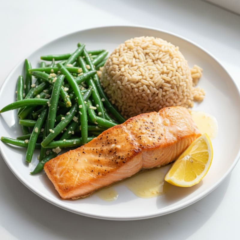 Seared Salmon with Garlic Green Beans and Brown Rice