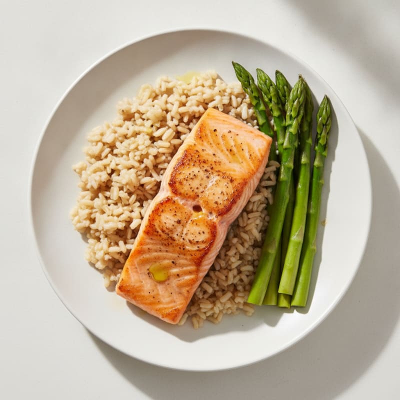 Seared Salmon with Steamed Asparagus and Brown Rice