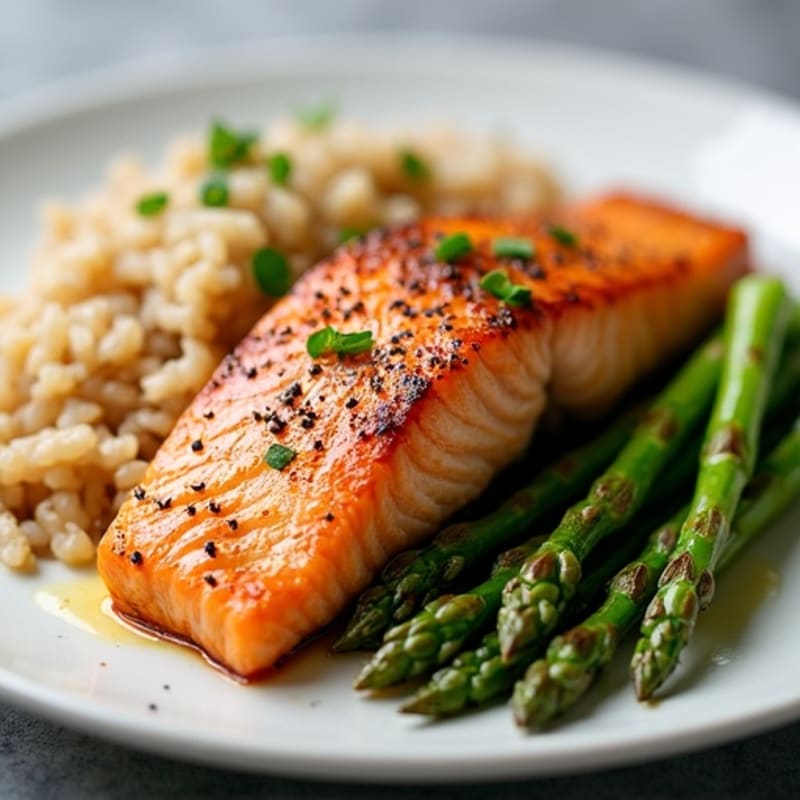 Seared Salmon Fillet with Steamed Asparagus and Brown Rice