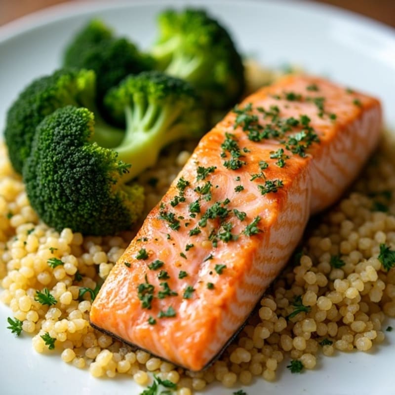 Herb-Crusted Baked Salmon with Quinoa and Roasted Broccoli