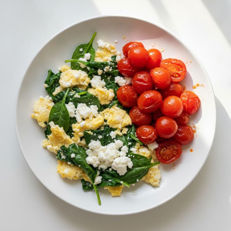 Egg White Spinach Scramble with Cottage Cheese and Sautéed Tomatoes