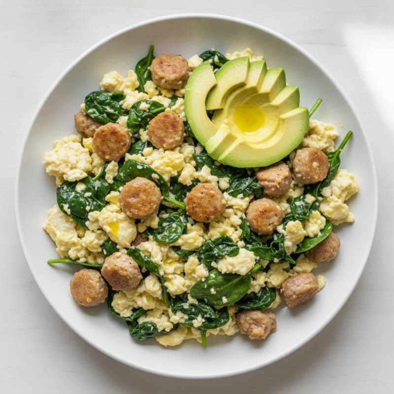 Egg White and Turkey Sausage Scramble with Sautéed Spinach