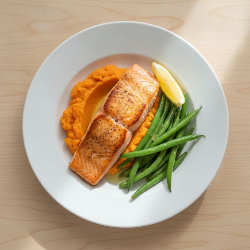 Seared Salmon Fillet with Steamed Green Beans and Sweet Potato Mash