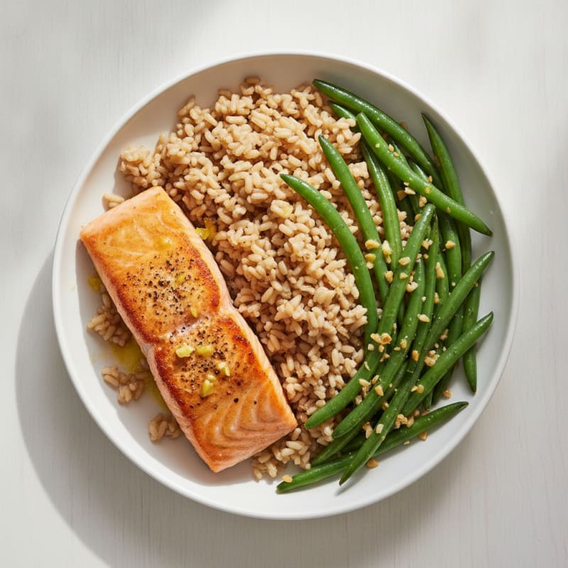 Seared Salmon with Garlic Green Beans and Brown Rice