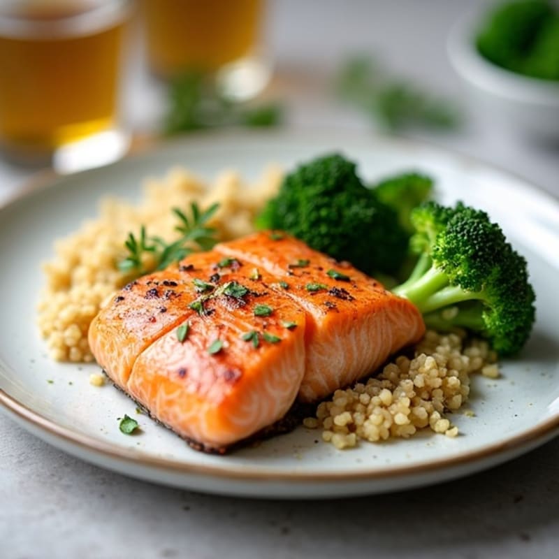 Seared Salmon Fillet with Steamed Broccoli and Quinoa