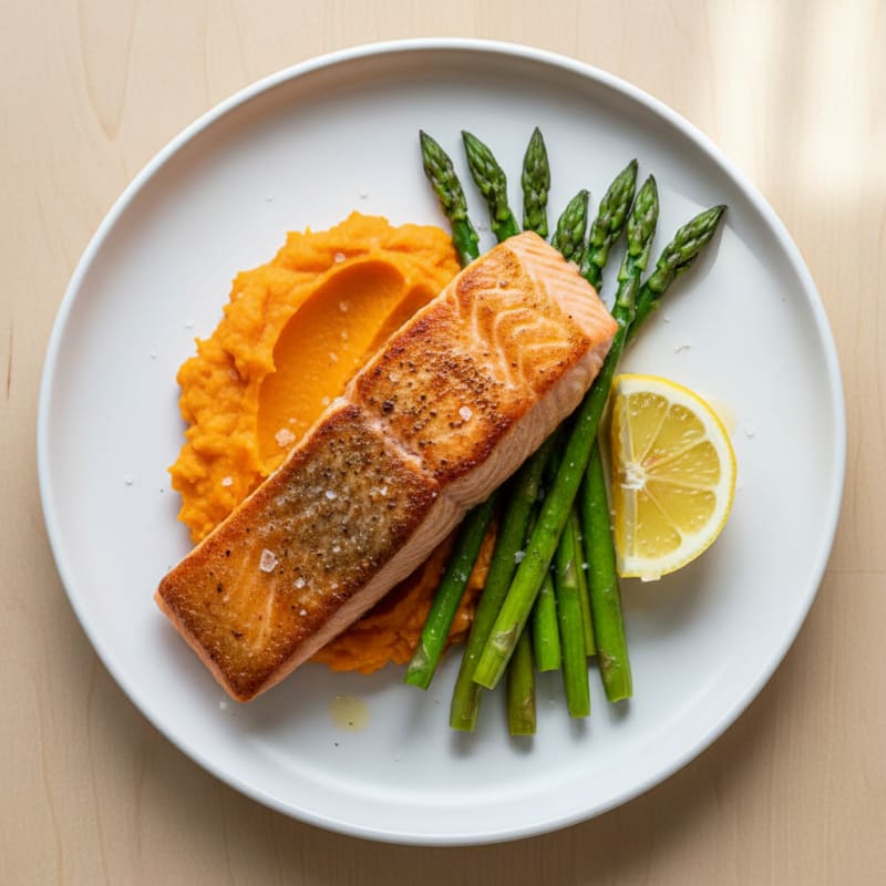 Seared Salmon with Roasted Asparagus and Sweet Potato Mash