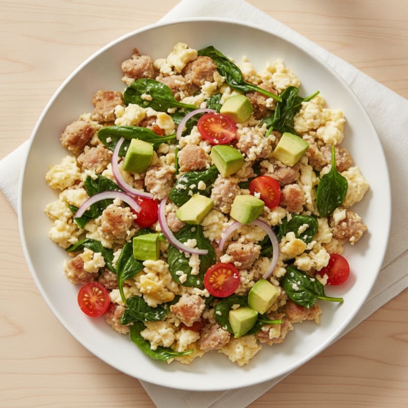 Egg White and Turkey Sausage Scramble with Sautéed Spinach