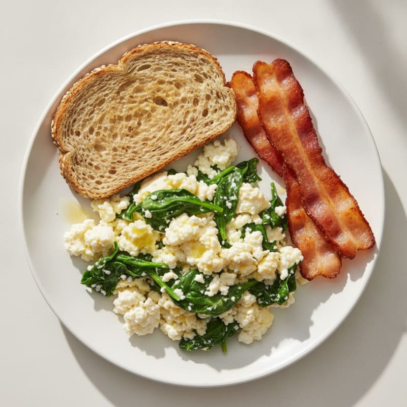 Cottage Cheese Scramble with Spinach and Turkey Bacon