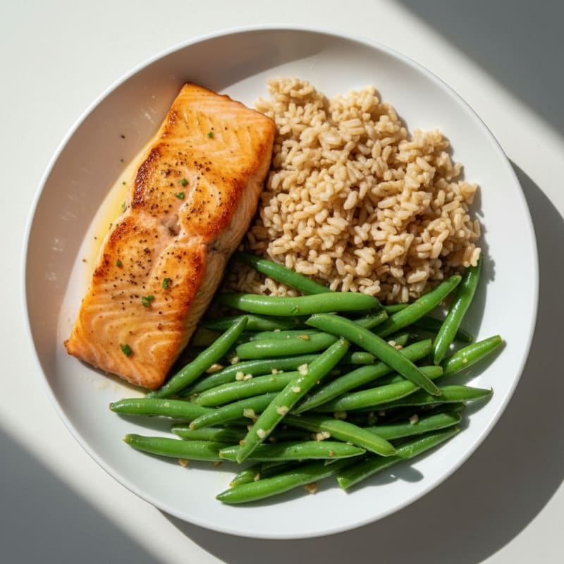 Seared Salmon with Garlic Green Beans and Brown Rice