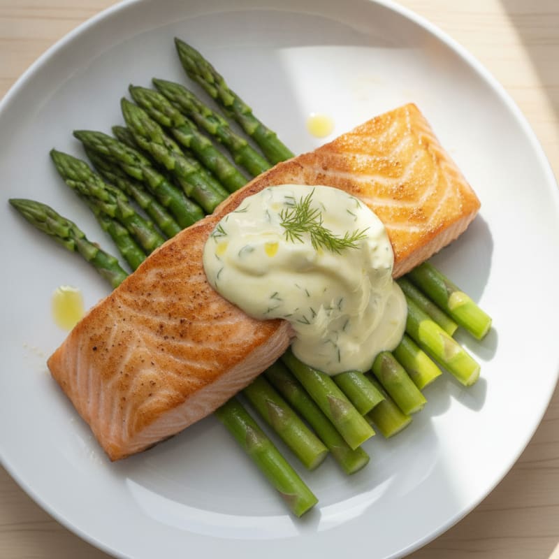 Seared Salmon with Steamed Asparagus and Lemon-Dill Greek Yogurt Sauce