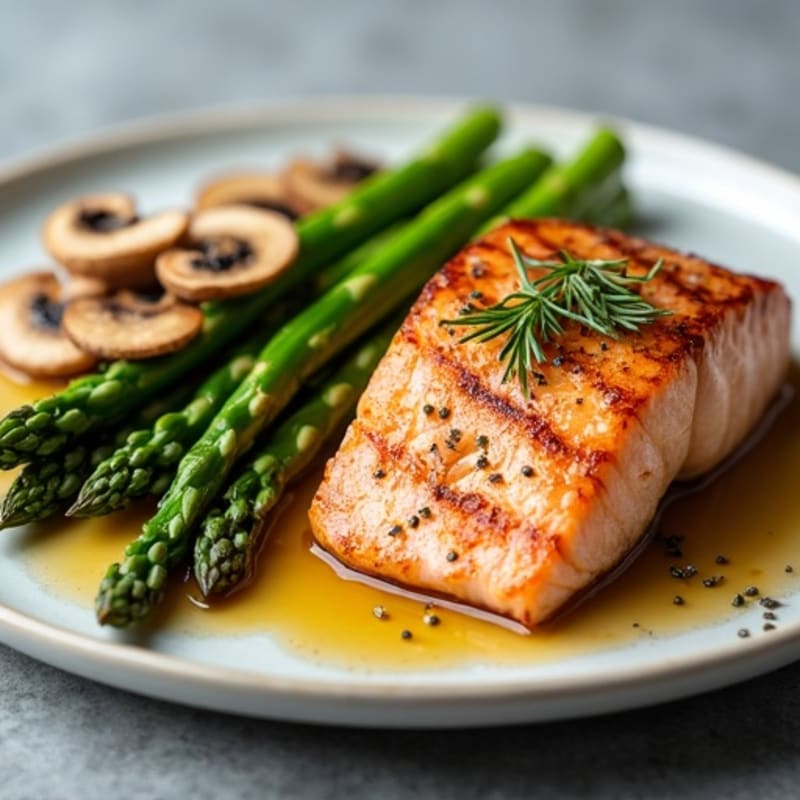 Pan-Seared Salmon with Roasted Asparagus and Garlic Mushrooms