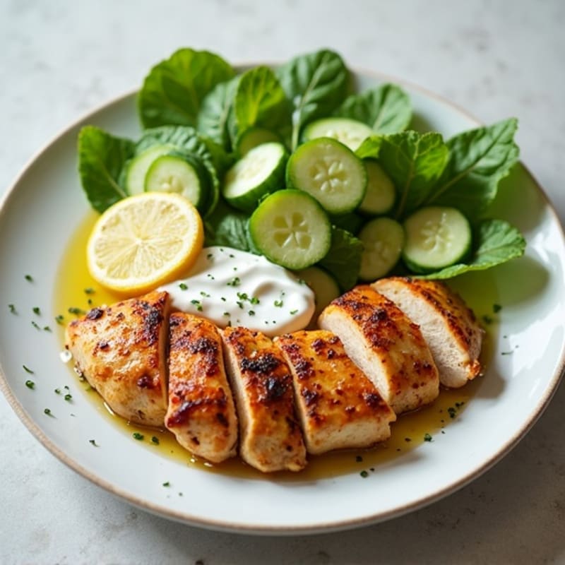 Spiced Roasted Chicken with Garlic Yogurt Sauce and Fresh Cucumber Salad