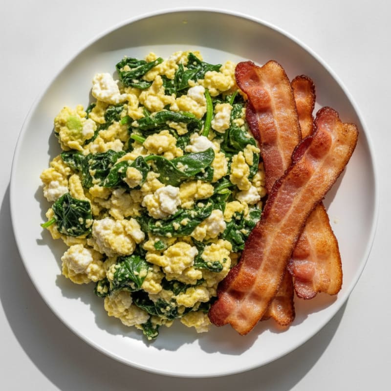 Cottage Cheese Egg Scramble with Spinach and Turkey Bacon