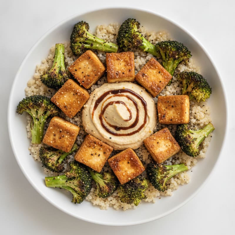 Baked Tofu Quinoa Bowl with Roasted Broccoli