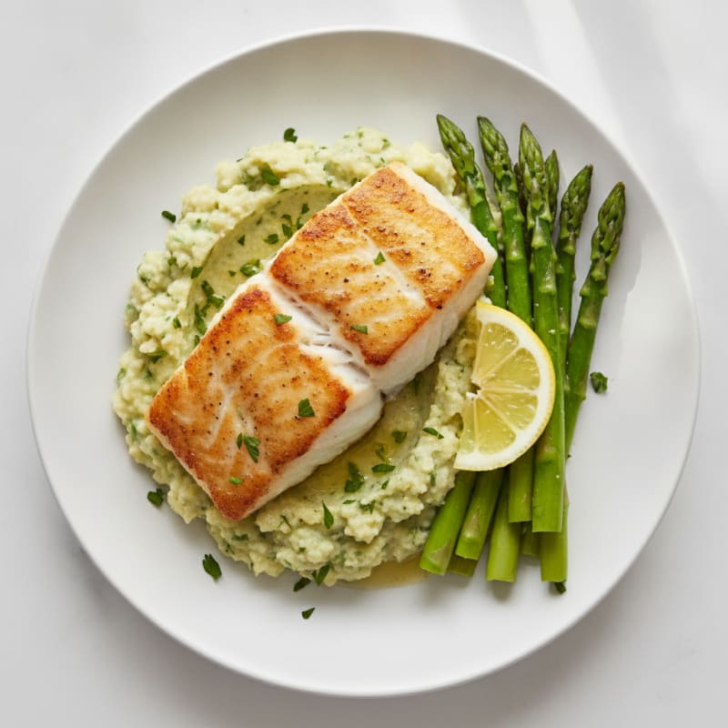 Seared Cod with Herbed Cauliflower Mash and Steamed Asparagus