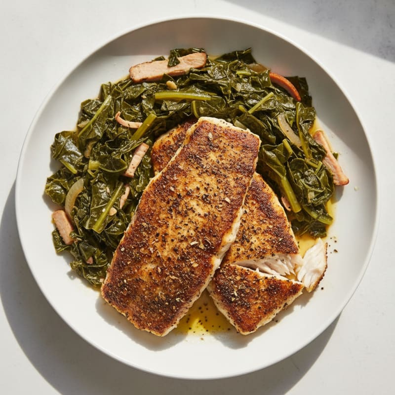 Blackened Catfish with Braised Collard Greens
