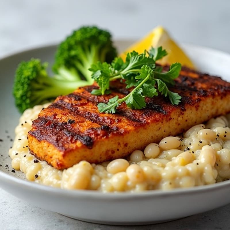 Grilled Tempeh with Steamed Broccoli and Creamy White Bean Mash