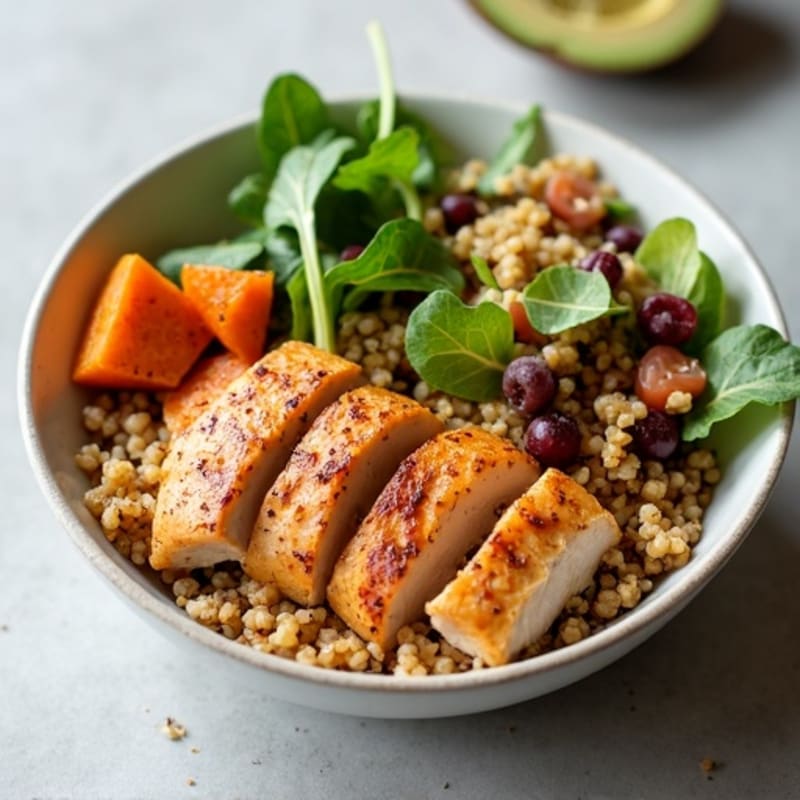 Spicy Chicken and Quinoa Bowl with Roasted Sweet Potatoes and Crunchy Greens