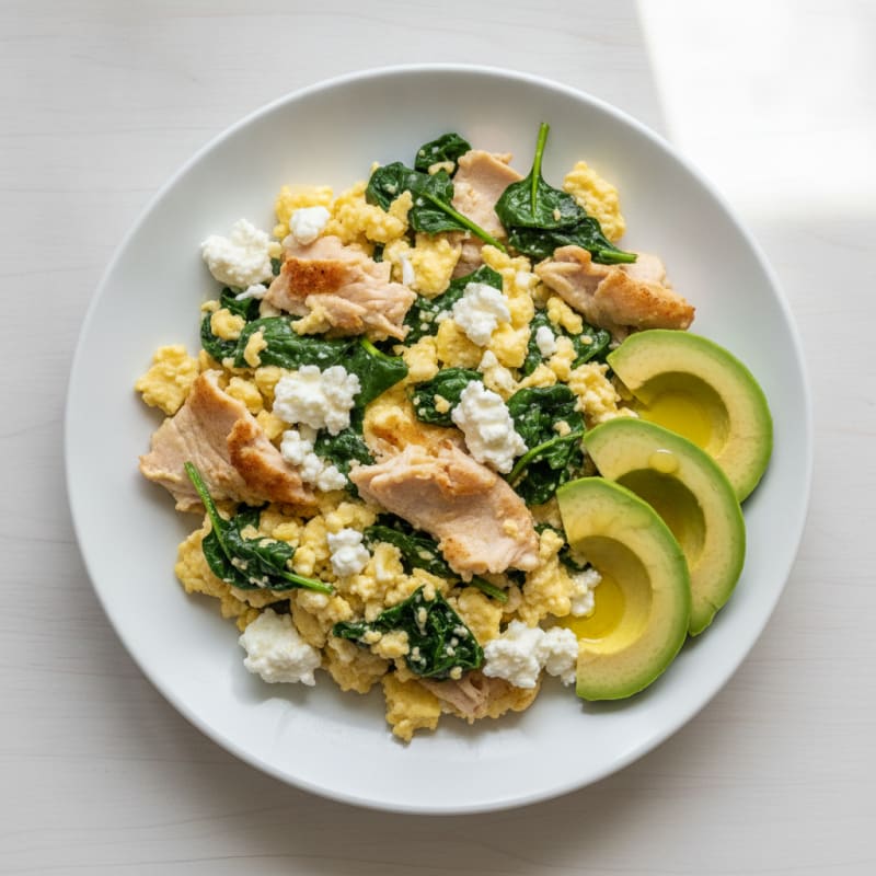 Cottage Cheese Egg Scramble with Spinach and Roasted Turkey