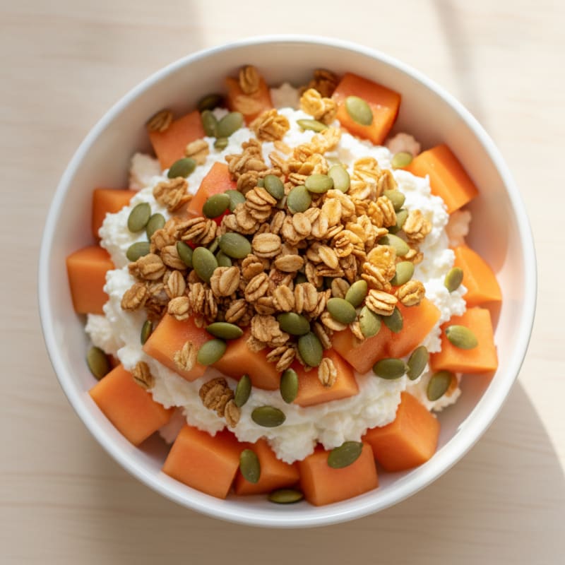 Protein Yogurt Papaya Parfait with Pumpkin Seeds