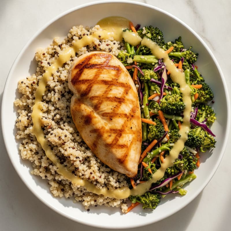 Grilled Chicken Breast with Quinoa and Crunchy Broccoli Slaw