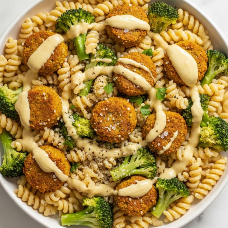 Falafel & Broccoli Pasta Salad with Lemon-Tahini Dressing