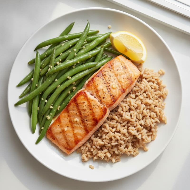 Seared Salmon Fillet with Garlic Green Beans and Brown Rice