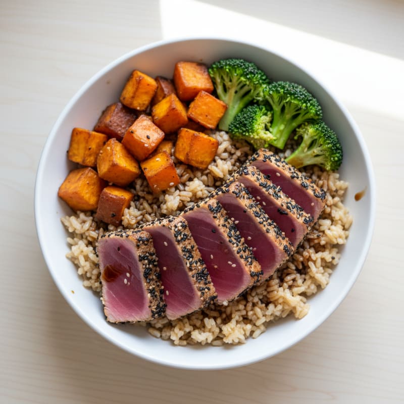 Seared Tuna Rice Bowl with Roasted Sweet Potatoes and Steamed Broccoli